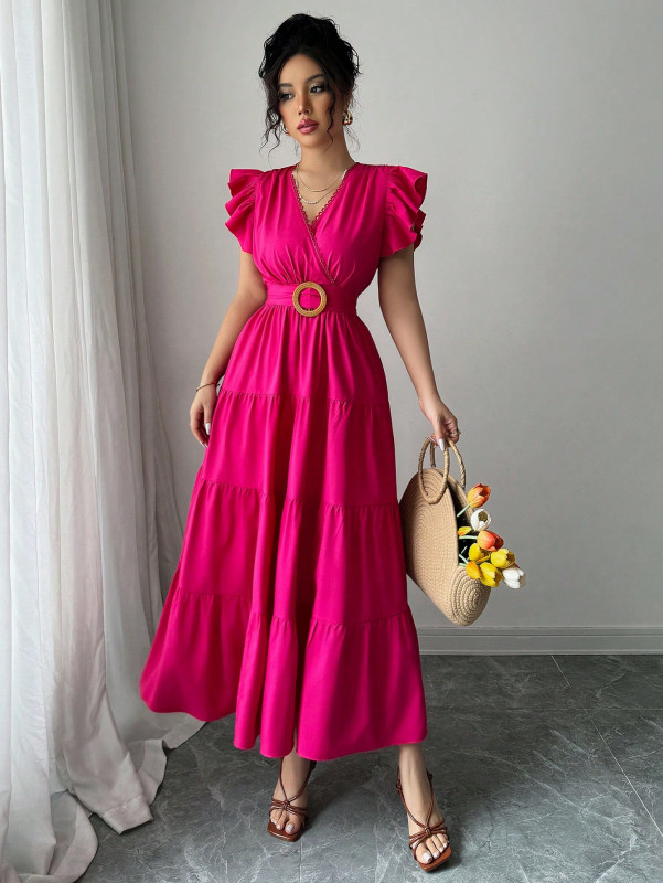 New Woven Shirred Ruffle Splice Chest Pleated Cap Sleeve Waist Belt Back Zipper