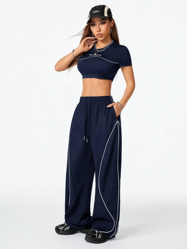 Coolane Women's Fall Back To School Going Out Casual Streetwear T-Shirt And Wide Leg Pants Blue Two Pieces Outfits