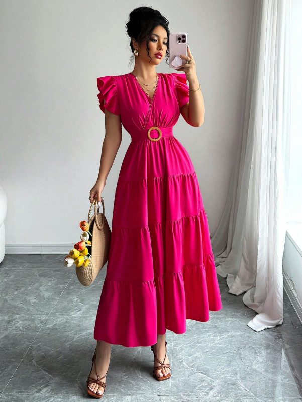 New Woven Shirred Ruffle Splice Chest Pleated Cap Sleeve Waist Belt Back Zipper